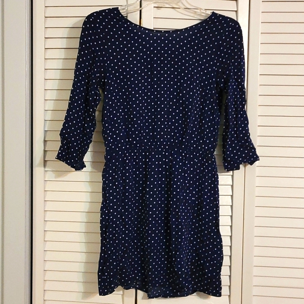 Navy and White Polka Dotted Dress - Elbow Length Sleeves